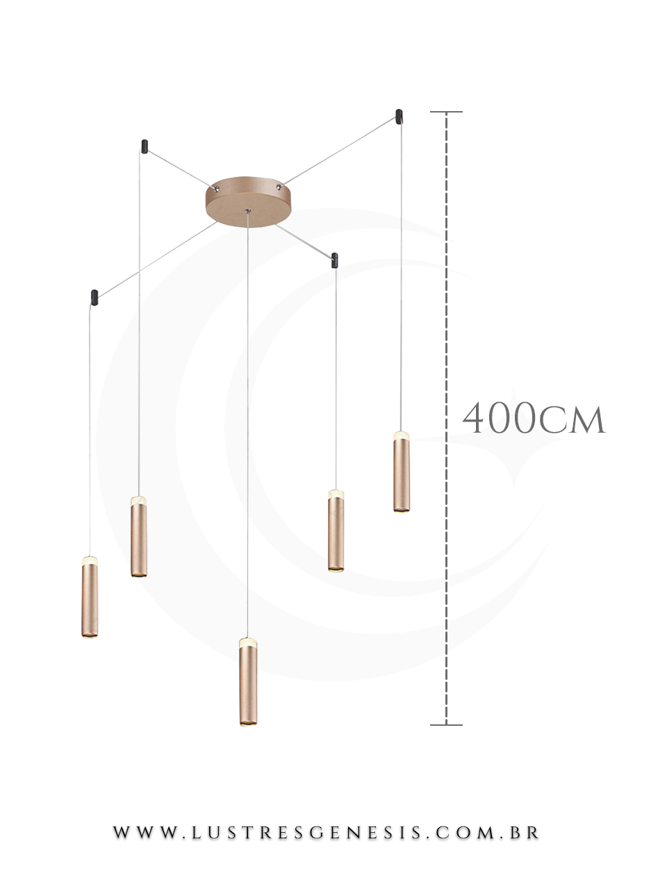 Lustre pendente moderno Hull dourado fosco com cinco lâmpadas pendentes, ideal para casas com pé direito duplo ou alto, da marca Sindora Iluminação.